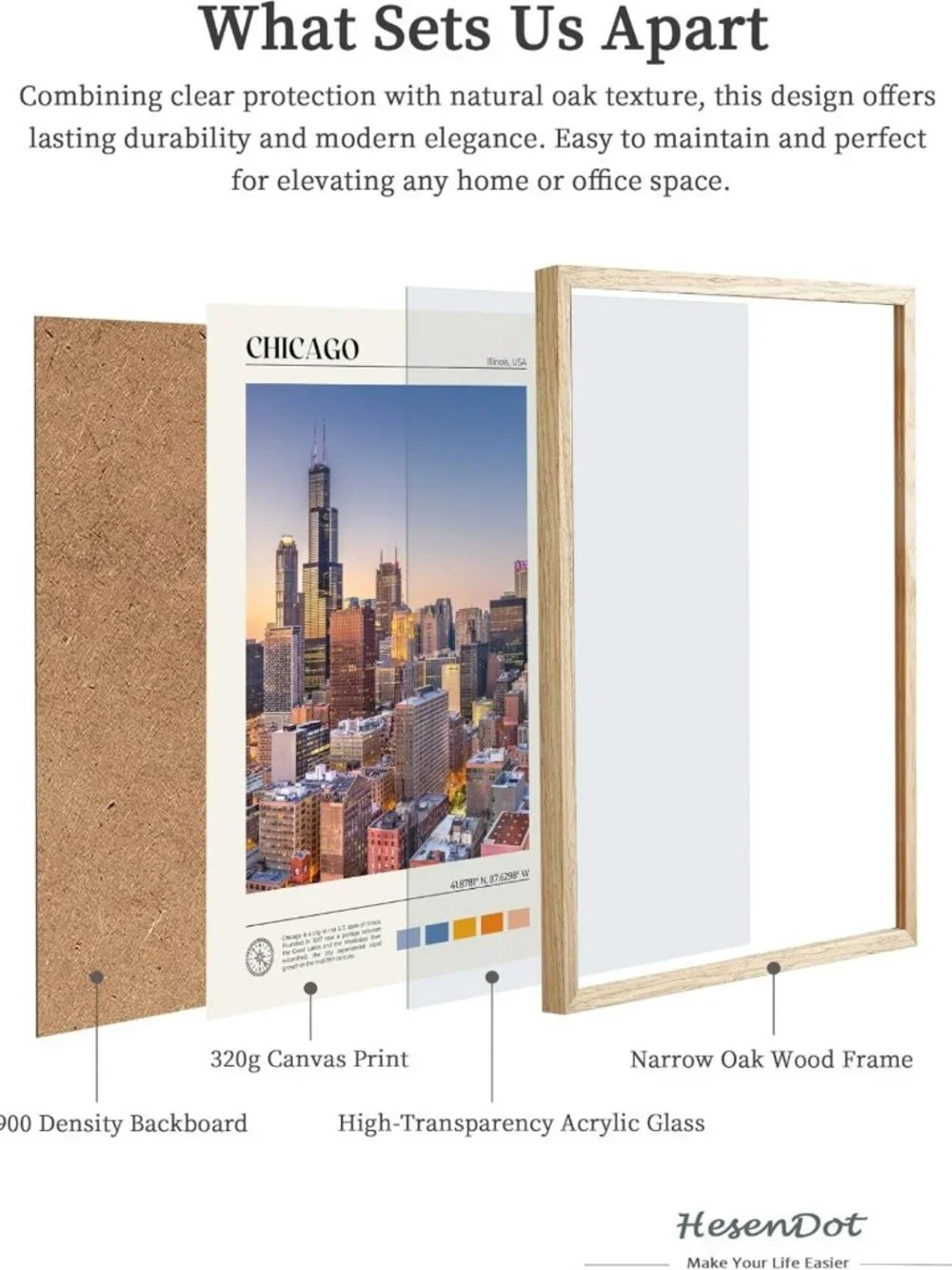 Natural Oak Wood Chicago Cityscape Wall Art Print - 12x16in Modern Urban Decor